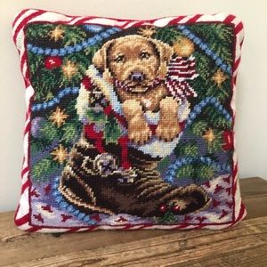 VTG Needlepoint Pillow Christmas Puppy Dog in Stocking Boot